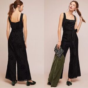 Anthropologie Moulinette Soeurs Noir Velvet Burnout Wide Leg Jumpsuit 12 NEW